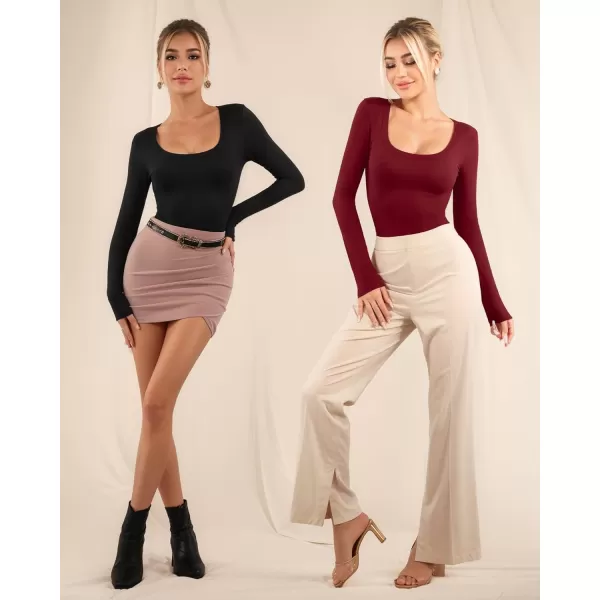 MANGOPOP Scoop Neck Long Sleeve Bodysuit for Women Basic Bodysuits Sexy TopsBurgundy