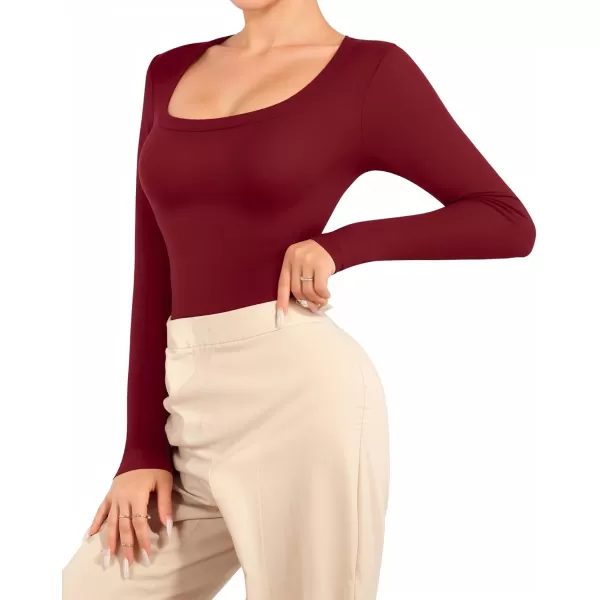 MANGOPOP Scoop Neck Long Sleeve Bodysuit for Women Basic Bodysuits Sexy TopsBurgundy