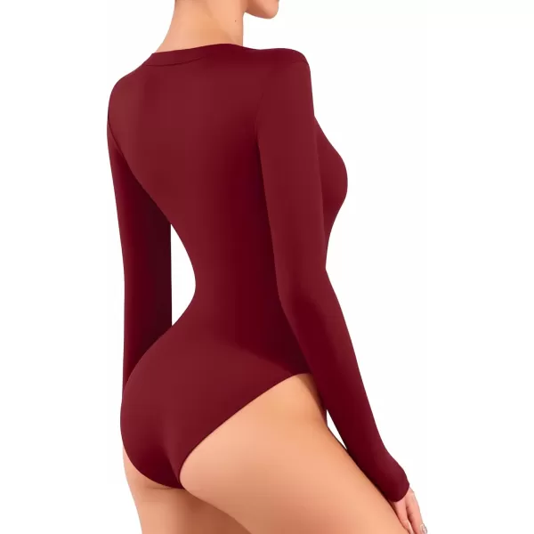 MANGOPOP Scoop Neck Long Sleeve Bodysuit for Women Basic Bodysuits Sexy TopsBurgundy