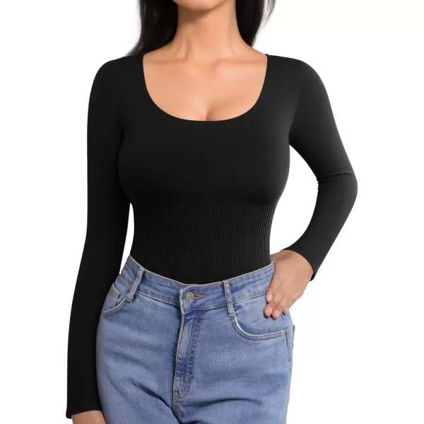 MANGOPOP Scoop Neck Long Sleeve Bodysuit for Women Ribbed Tummy Control Stretchy Body Suits Going Out TopsLong Sleeve Black