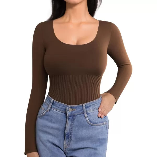 MANGOPOP Scoop Neck Long Sleeve Bodysuit for Women Ribbed Tummy Control Stretchy Body Suits Going Out TopsLong Sleeve Coffee