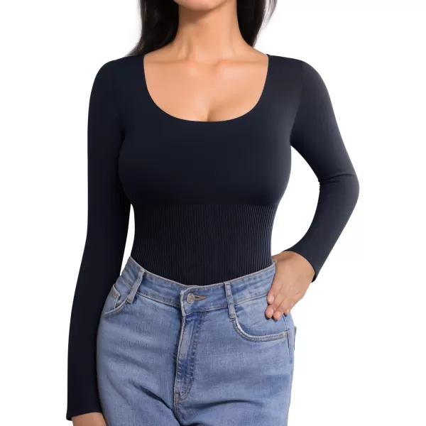 MANGOPOP Scoop Neck Long Sleeve Bodysuit for Women Ribbed Tummy Control Stretchy Body Suits Going Out TopsLong Sleeve Navy Blue