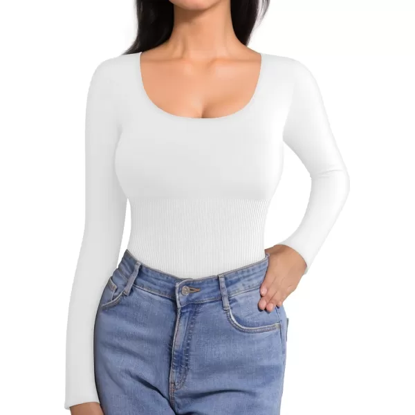 MANGOPOP Scoop Neck Long Sleeve Bodysuit for Women Ribbed Tummy Control Stretchy Body Suits Going Out TopsLong Sleeve White