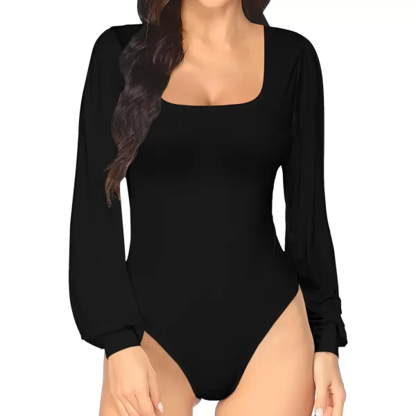 MANGOPOP Square Neck Puff Sleeve Bodysuit Loose Lantern Long Sleeve Body Suit for Women for Going OutA Long Sleeve Black