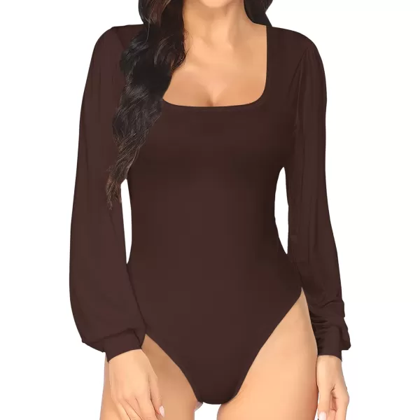 MANGOPOP Square Neck Puff Sleeve Bodysuit Loose Lantern Long Sleeve Body Suit for Women for Going OutLong Sleeve Coffee