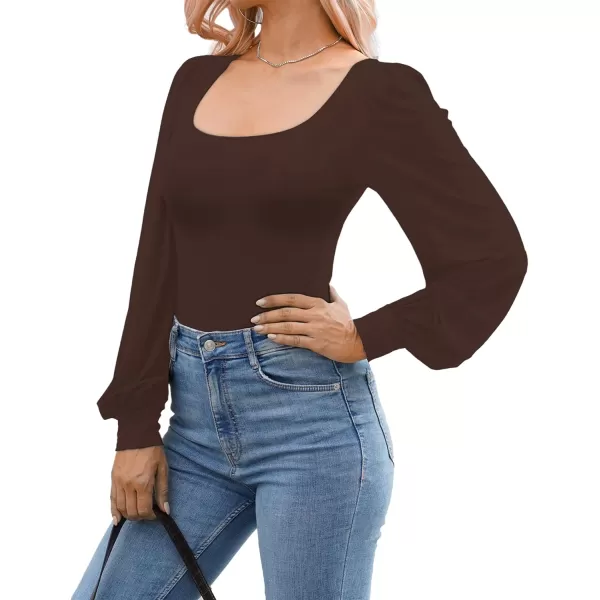 MANGOPOP Square Neck Puff Sleeve Bodysuit Loose Lantern Long Sleeve Body Suit for Women for Going OutLong Sleeve Coffee