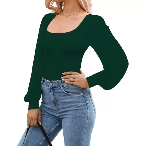 MANGOPOP Square Neck Puff Sleeve Bodysuit Loose Lantern Long Sleeve Body Suit for Women for Going OutLong Sleeve Deep Green