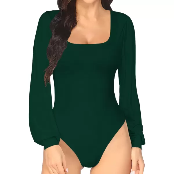 MANGOPOP Square Neck Puff Sleeve Bodysuit Loose Lantern Long Sleeve Body Suit for Women for Going OutLong Sleeve Deep Green