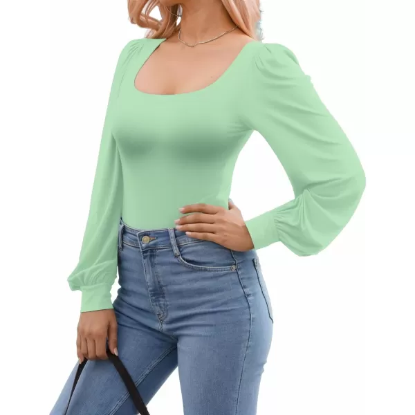 MANGOPOP Square Neck Puff Sleeve Bodysuit Loose Lantern Long Sleeve Body Suit for Women for Going OutLong Sleeve Fern Green