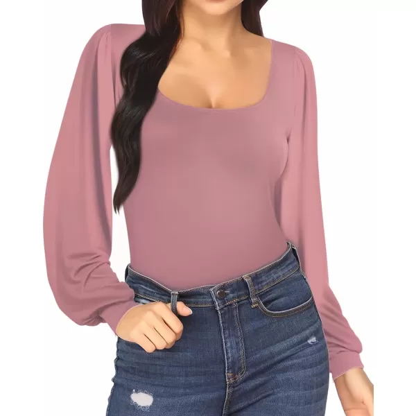 MANGOPOP Square Neck Puff Sleeve Bodysuit Loose Lantern Long Sleeve Body Suit for Women for Going OutLong Sleeve Marsala