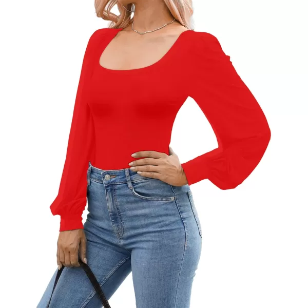 MANGOPOP Square Neck Puff Sleeve Bodysuit Loose Lantern Long Sleeve Body Suit for Women for Going OutLong Sleeve Red