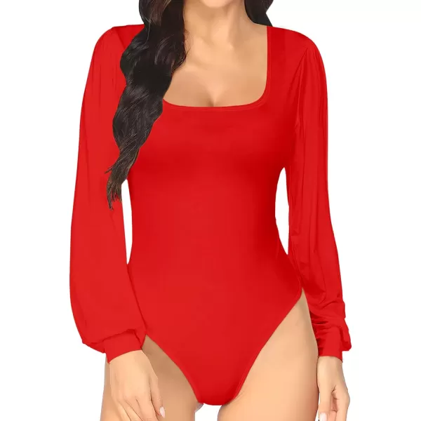 MANGOPOP Square Neck Puff Sleeve Bodysuit Loose Lantern Long Sleeve Body Suit for Women for Going OutLong Sleeve Red