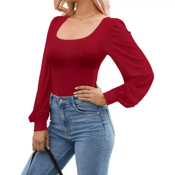 MANGOPOP Square Neck Puff Sleeve Bodysuit Loose Lantern Long Sleeve Body Suit for Women for Going OutLong Sleeve Wine Red