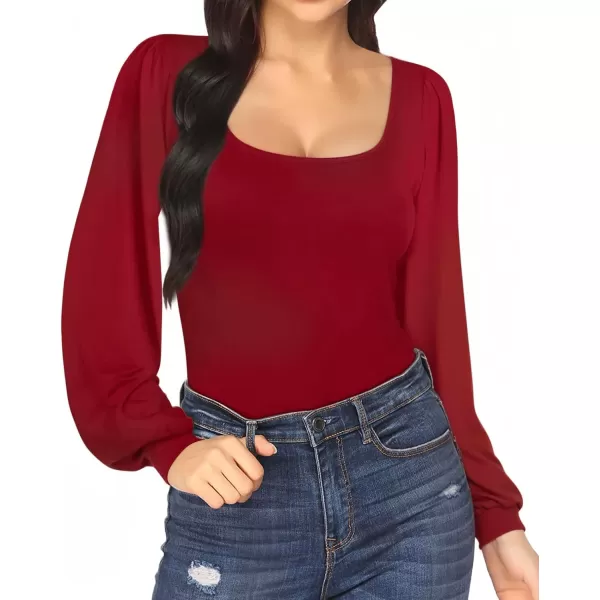 MANGOPOP Square Neck Puff Sleeve Bodysuit Loose Lantern Long Sleeve Body Suit for Women for Going OutLong Sleeve Wine Red