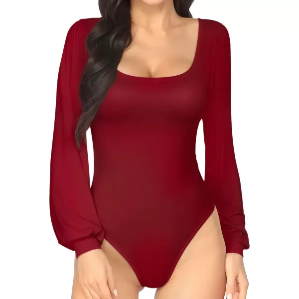 MANGOPOP Square Neck Puff Sleeve Bodysuit Loose Lantern Long Sleeve Body Suit for Women for Going OutLong Sleeve Wine Red