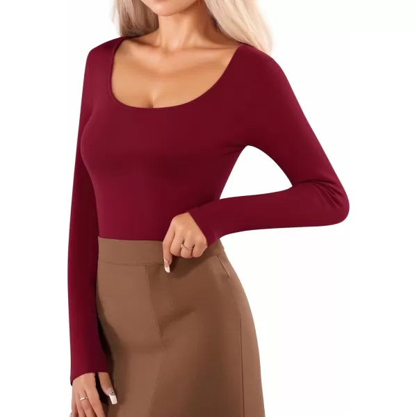 MANGOPOP Womens Basic Bodysuits Scoop Neck Long Sleeve Body Suit Shirt TopsBurgundy