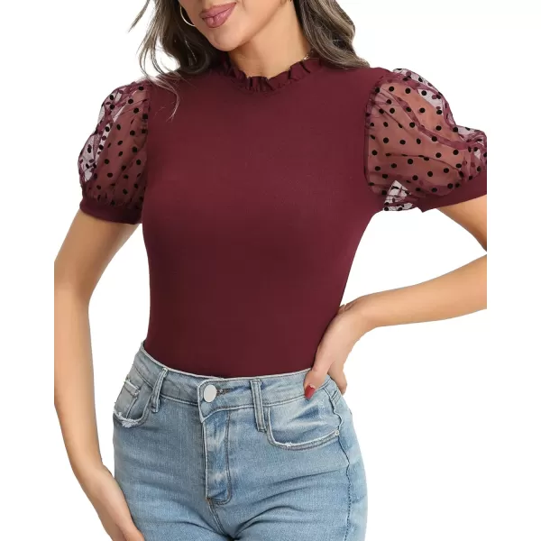 MANGOPOP Womens Bodysuit Ruffle Mock Turtle Neck Polka Dot Sheer Mesh Short Sleeve Long Sleeve Blouse Body Suit TopsBurgundy