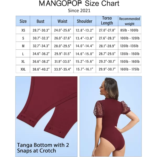 MANGOPOP Womens Bodysuit Ruffle Mock Turtle Neck Polka Dot Sheer Mesh Short Sleeve Long Sleeve Blouse Body Suit TopsBurgundy