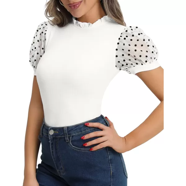 MANGOPOP Womens Bodysuit Ruffle Mock Turtle Neck Polka Dot Sheer Mesh Short Sleeve Long Sleeve Blouse Body Suit TopsWhite