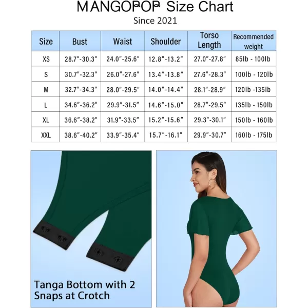 MANGOPOP Womens Bodysuit Square Neck Sheer Mesh Ruffle Flutter Puff Short Sleeve Slim Fit Blouse Body Suits TopStyle 2 Deep Green