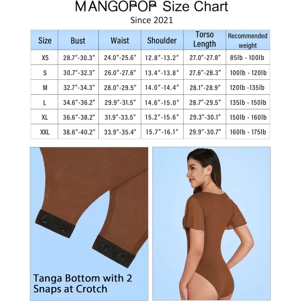 MANGOPOP Womens Bodysuit Square Neck Sheer Mesh Ruffle Flutter Puff Short Sleeve Slim Fit Blouse Body Suits TopStyle 2 Light Coffee