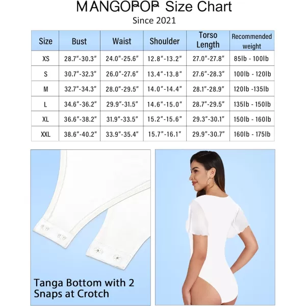 MANGOPOP Womens Bodysuit Square Neck Sheer Mesh Ruffle Flutter Puff Short Sleeve Slim Fit Blouse Body Suits TopStyle 2 White