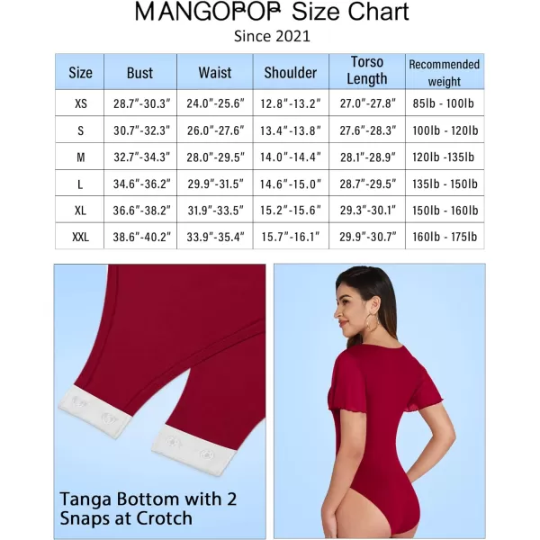 MANGOPOP Womens Bodysuit Square Neck Sheer Mesh Ruffle Flutter Puff Short Sleeve Slim Fit Blouse Body Suits TopStyle 2 Wine Red