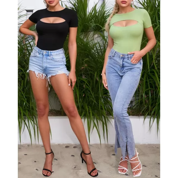 MANGOPOP Womens Cutout Front T Shirt Short Sleeve Sleeveless Long Sleeve Bodysuit JumpsuitsA Short Sleeve Fern Green