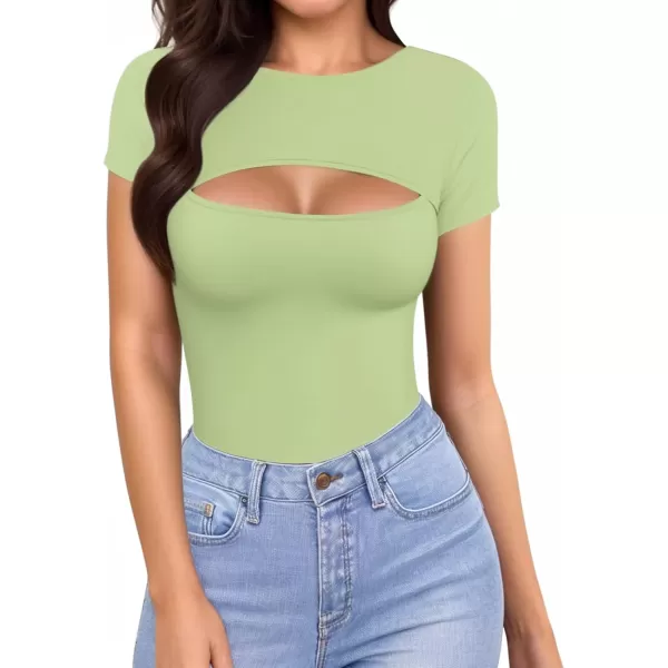 MANGOPOP Womens Cutout Front T Shirt Short Sleeve Sleeveless Long Sleeve Bodysuit JumpsuitsA Short Sleeve Fern Green