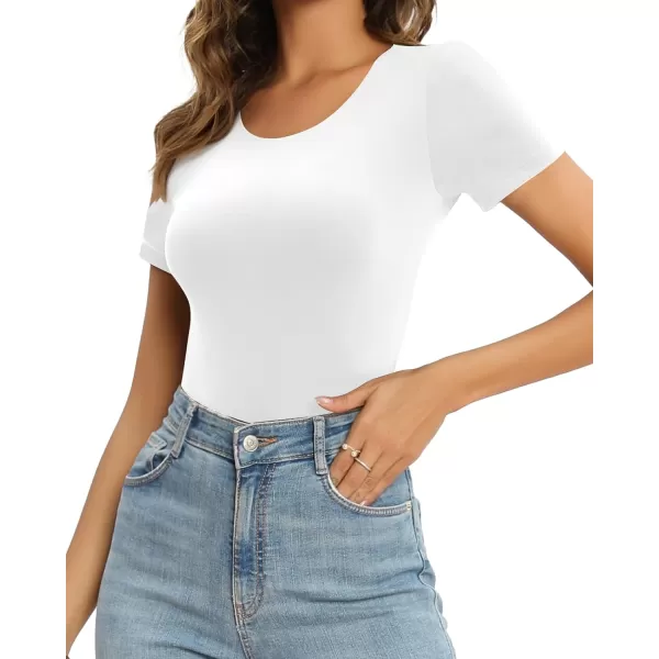 MANGOPOP Womens Double Layered Short Sleeve Long Sleeve Bodysuit Basic T Shirts TopsShort Sleeve White