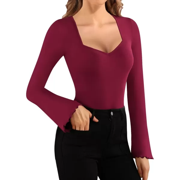 MANGOPOP Womens Sexy Square Neck Bodysuits Long Sleeve Fashion Basic Slim TopsBurgundy