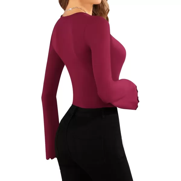 MANGOPOP Womens Sexy Square Neck Bodysuits Long Sleeve Fashion Basic Slim TopsBurgundy