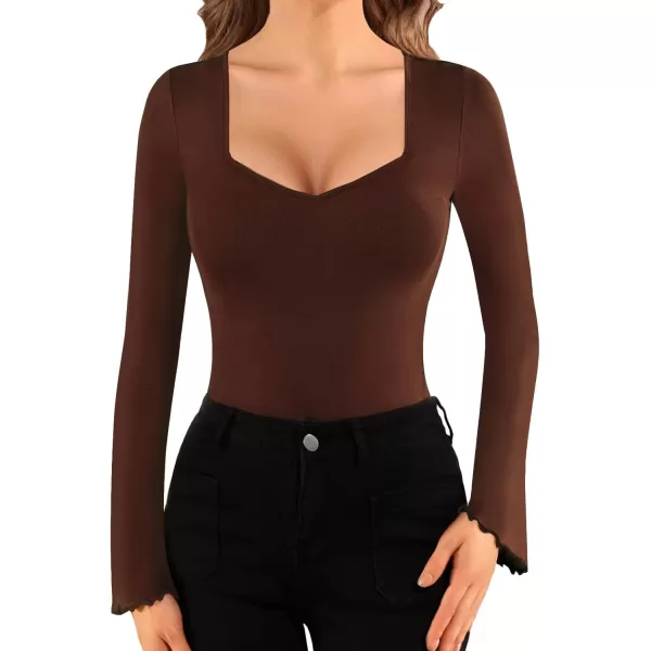 MANGOPOP Womens Sexy Square Neck Bodysuits Long Sleeve Fashion Basic Slim TopsCoffee