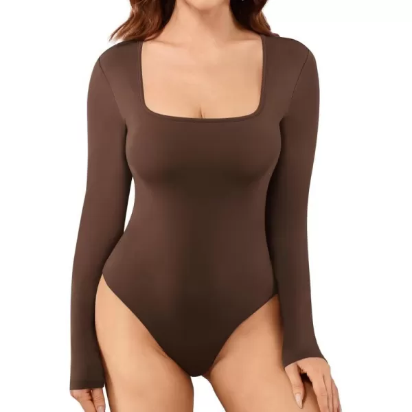 MANGOPOP Bodysuit for women Square Neck Long Sleeve Tops Built in Bra Thong Body suitsCoffee