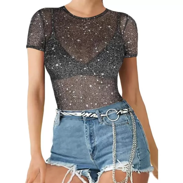 MANGOPOP Glitter Sheer Mesh Top Women Short Long Sleeve Sexy Shirt See Through Clubwear Tee Slim BlouseSilver