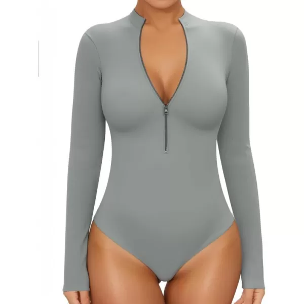 MANGOPOP Long Sleeve Body Suit Mock Turtle Neck Zip Up Bodysuit for Women Ribbed Deep V Sexy Bodysuit ShirtsAlong Sleeve Elephant Grey Mock V Neck