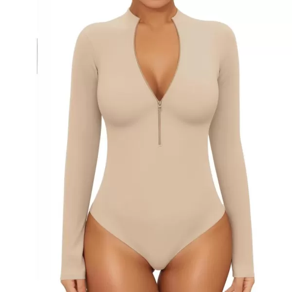 MANGOPOP Long Sleeve Body Suit Mock Turtle Neck Zip Up Bodysuit for Women Ribbed Deep V Sexy Bodysuit ShirtsAlong Sleeve Semolina Mock V Neck