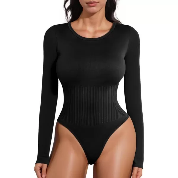 MANGOPOP Long Sleeve Thong Bodysuit Shapewear Tummy Control Crew Neck Seamless Body Suit for Women Ribbed BasicBlack