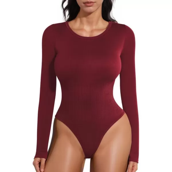 MANGOPOP Long Sleeve Thong Bodysuit Shapewear Tummy Control Crew Neck Seamless Body Suit for Women Ribbed BasicBurgundy