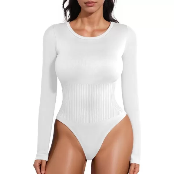 MANGOPOP Long Sleeve Thong Bodysuit Shapewear Tummy Control Crew Neck Seamless Body Suit for Women Ribbed BasicWhite