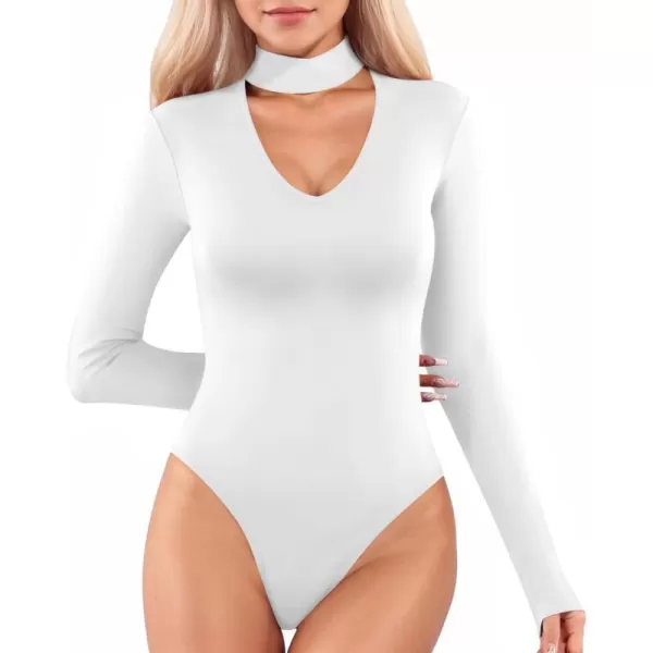 MANGOPOP Mock Turtleneck V Neck Long Sleeve Bodysuit for Women Cutout Front Body Suit SexyWhite