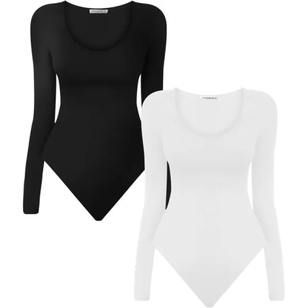 MANGOPOP Scoop Neck Body Suits for Womens Long Sleeve Black Bodysuit TopsBlackwhite 2 Pack