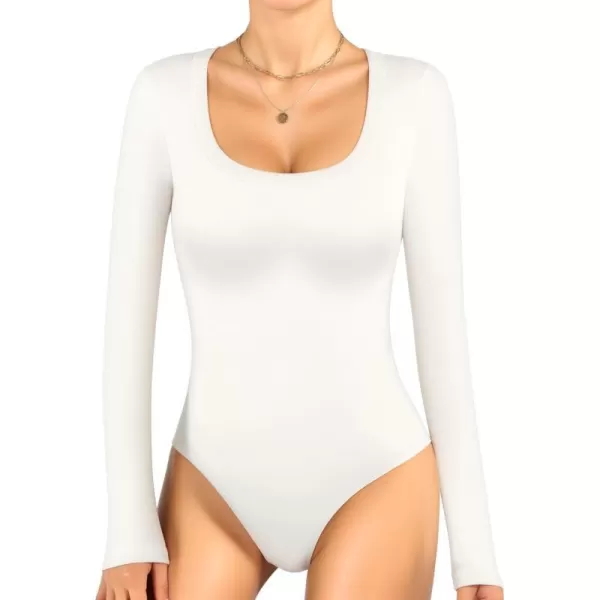 MANGOPOP Scoop Neck Long Sleeve Bodysuit for Women Basic Bodysuits Sexy TopsWarm White