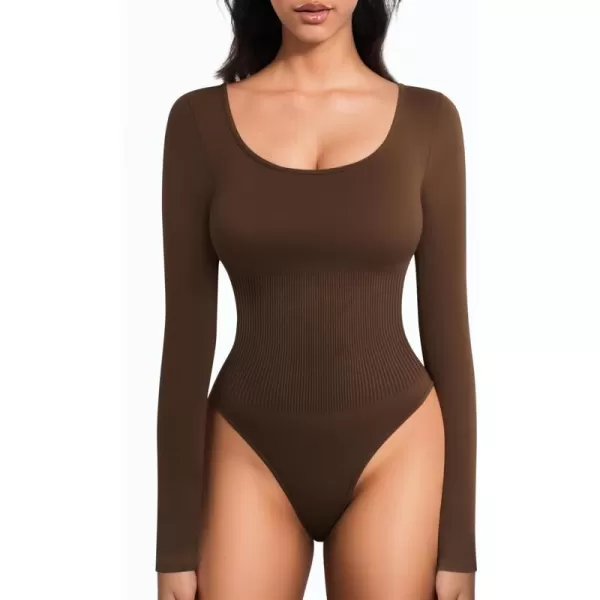 MANGOPOP Scoop Neck Long Sleeve Bodysuit for Women Ribbed Tummy Control Stretchy Body Suits Going Out TopsLong Sleeve Coffee