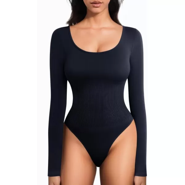 MANGOPOP Scoop Neck Long Sleeve Bodysuit for Women Ribbed Tummy Control Stretchy Body Suits Going Out TopsLong Sleeve Navy Blue