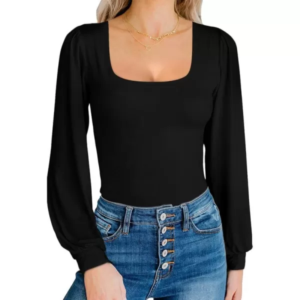 MANGOPOP Square Neck Puff Sleeve Bodysuit Loose Lantern Long Sleeve Body Suit for Women for Going OutA Long Sleeve Black