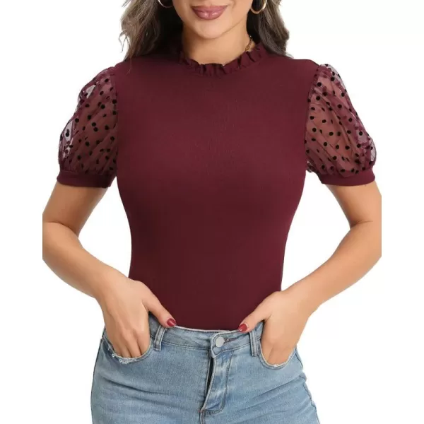 MANGOPOP Womens Bodysuit Ruffle Mock Turtle Neck Polka Dot Sheer Mesh Short Sleeve Long Sleeve Blouse Body Suit TopsBurgundy