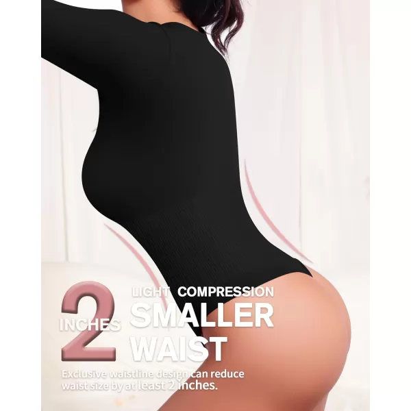 MANGOPOP Deep V Neck Shapewear Bodysuits Thong Tummy Control Long Sleeve Bodysuit for Women Ribbed SeamlessBlack