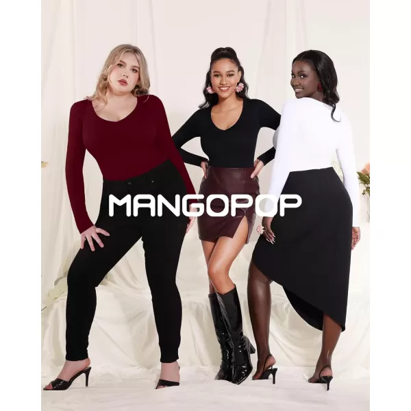 MANGOPOP Deep V Neck Shapewear Bodysuits Thong Tummy Control Long Sleeve Bodysuit for Women Ribbed SeamlessBlack