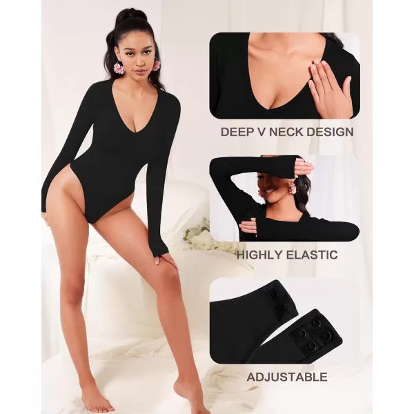 MANGOPOP Deep V Neck Shapewear Bodysuits Thong Tummy Control Long Sleeve Bodysuit for Women Ribbed SeamlessBlack